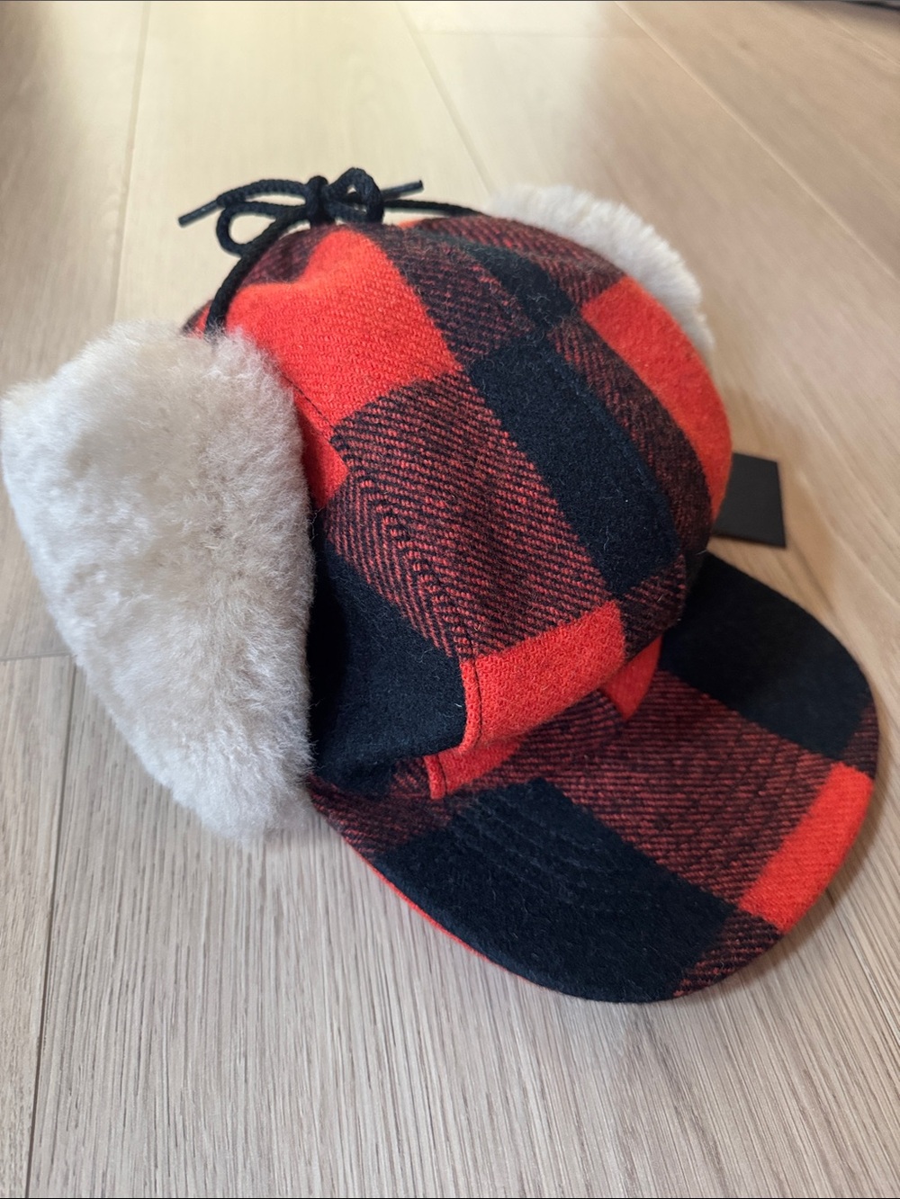 Filson Red & Black Buffalo Plaid Earflap Cap with Tan Shearling